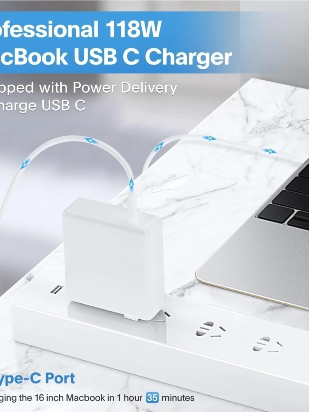 USB-C Wall Charger Adapter with USB-C to USB-C Cable - White